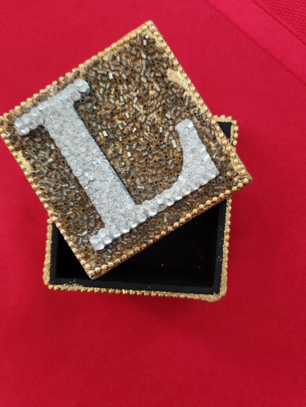 Beaded Initial 'L' Trinket Box Gold and White